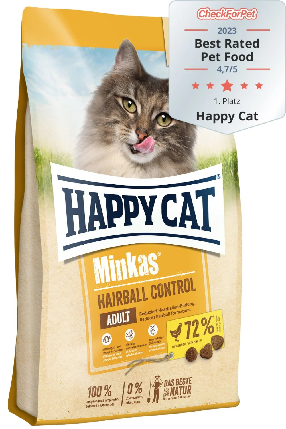 80108280 Happy Cat Minkas Hairball Control Adult корм для взрослых кошек для контроля шерсти и предотвращения образования комков волос (целый мешок 10 кг) — изображение 1