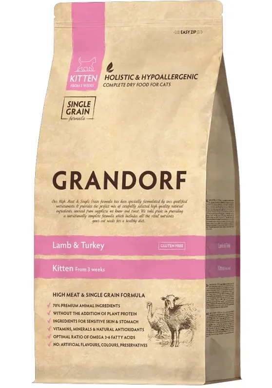 85679980 Grandorf Holistic&Hypoallergenic Kitten Lamb&Turkey сухой корм для котят от 3 недель,беременных и кормящих кошек с ягненком и индейкой (целый мешок 8 кг) — изображение 1