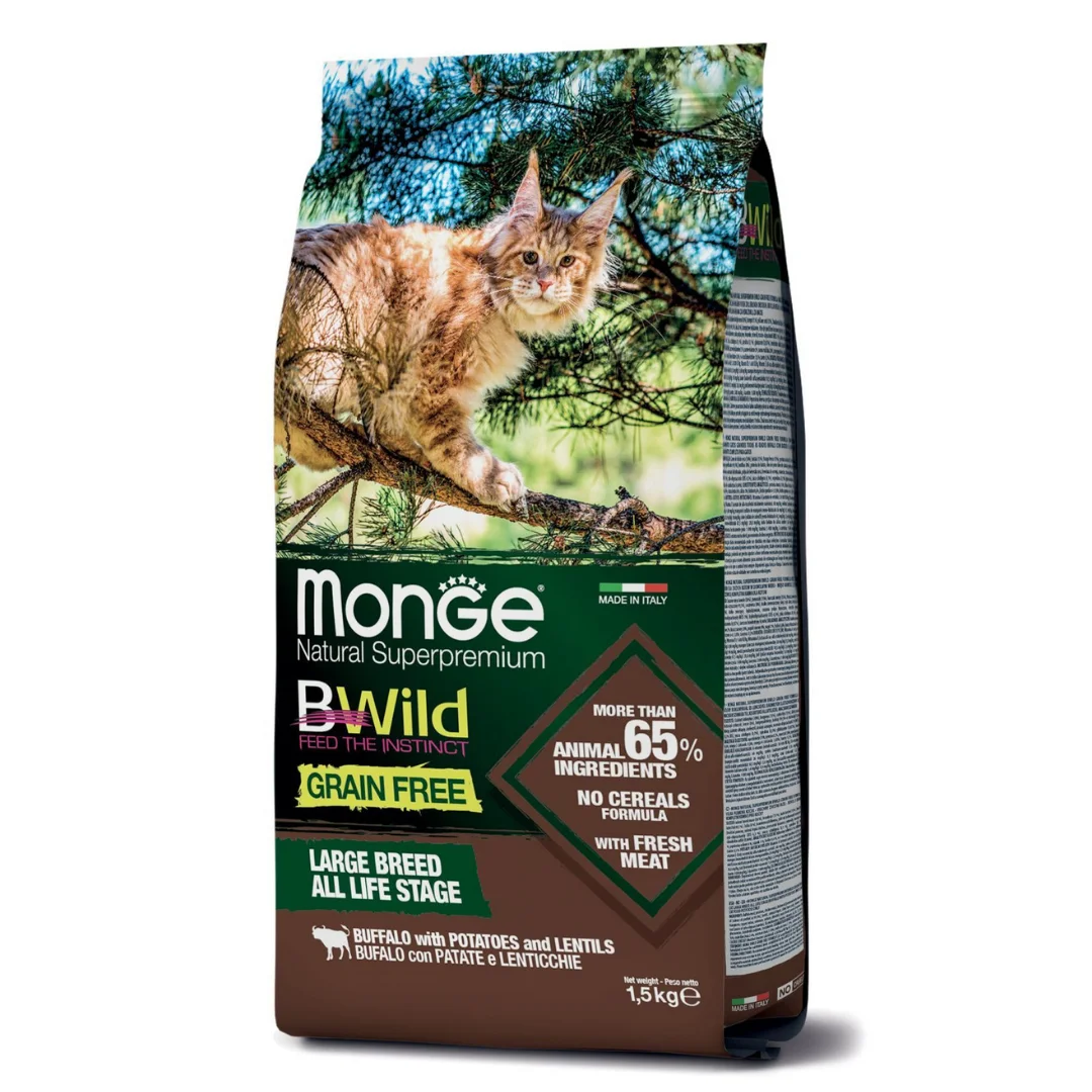 6032065 Monge Bwild Grain Free Adult cухой беззерновой корм для крупных кошек с мясом буйвола 1.5 кг — изображение 1