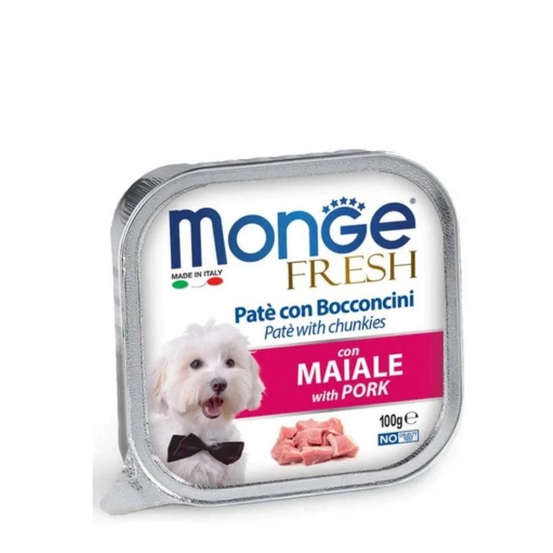 6051035 Monge Fresh нежные кусочки в паштете со свининой для собак, супер премиум качества 100 г — изображение 1